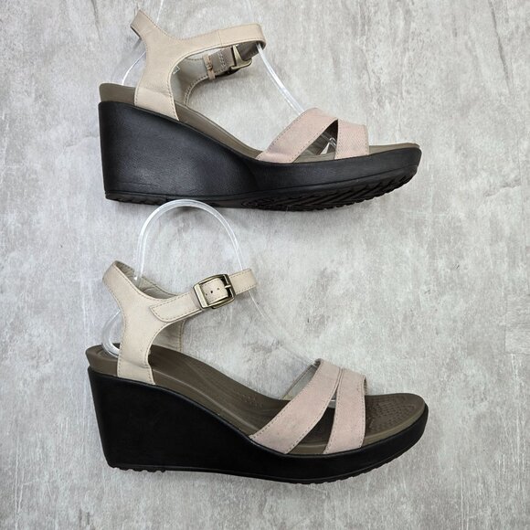 Crocs Ankle Strap Wedge Sandals 9 Taupe Open Toe Strappy Retro Comfort Platform - Picture 5 of 12